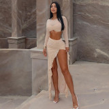Long sleeved mesh double-layer splicing slit long skirt two-piece set