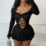 One shoulder hollowed out lace up high waisted jumpsuit
