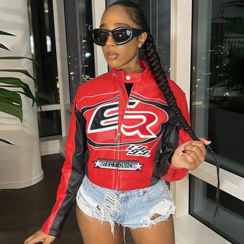 Umbilical zipper top with contrasting embroidery short jacket