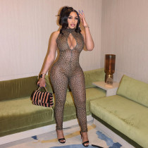 Leopard print high waisted tight jumpsuit