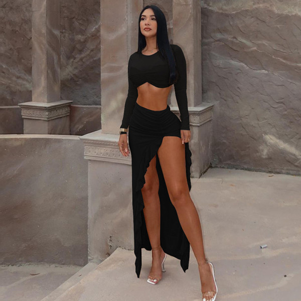 Long sleeved mesh double-layer splicing slit long skirt two-piece set