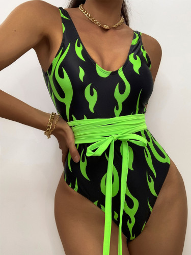Flame patterned jumpsuit, tight fitting one-piece bikini