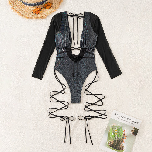 Long sleeved one-piece swimsuit with lace up and hollowed out backless bikini