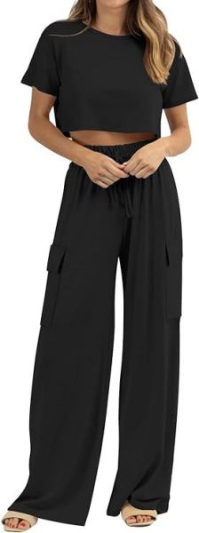 Round neck crop top T-shirt elastic waist workwear pocket pants set