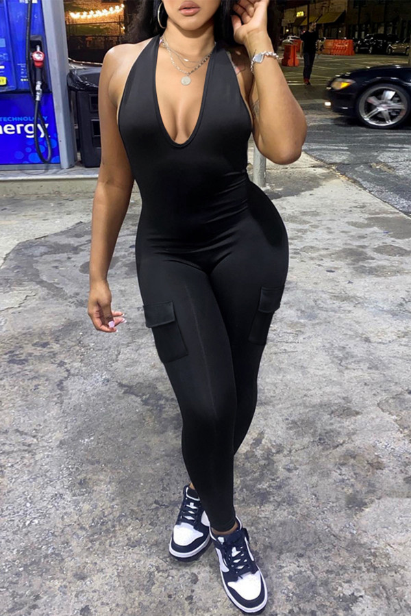 Backless hanging neck V with pocket and hip lifting sports jumpsuit