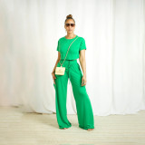 Short sleeved top, loose workwear, wide leg pants set