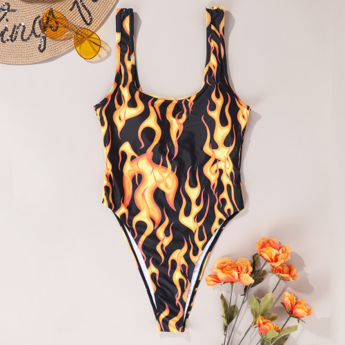 Flame patterned jumpsuit, tight fitting one-piece bikini