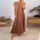 Round neck sleeveless pleated long dress