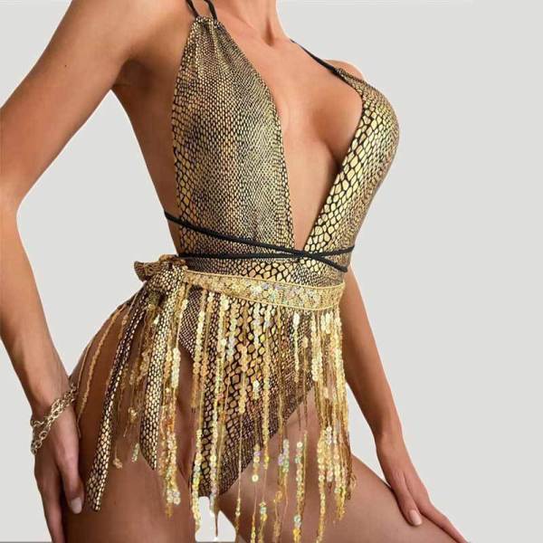Deep V swimsuit fringe one-piece swimsuit bikini