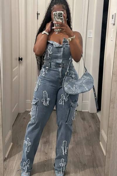 Strapless embroidered jumpsuit pants