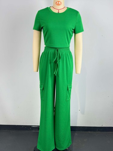 Short sleeved top, loose workwear, wide leg pants set