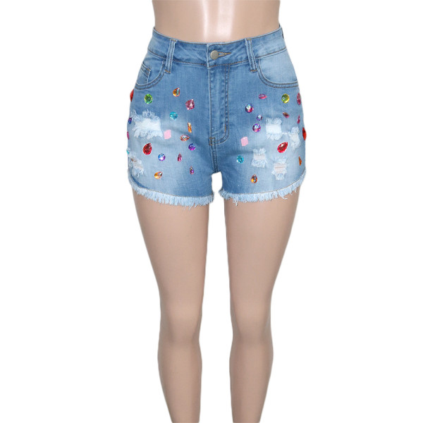 Colored diamond tassel brushed denim shorts
