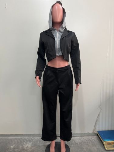 Splicing fake two-piece hooded jacket and two-piece pants set