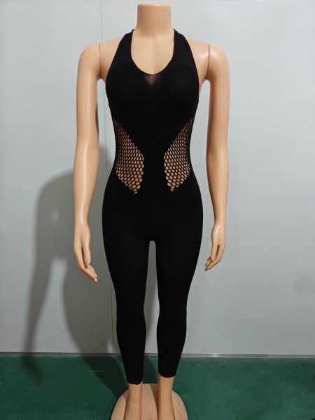 Sexy hollow underwear hanging neck mesh backless jumpsuit