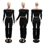 Long sleeved one shoulder top and long pants two-piece set