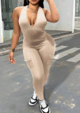 Backless hanging neck V with pocket and hip lifting sports jumpsuit