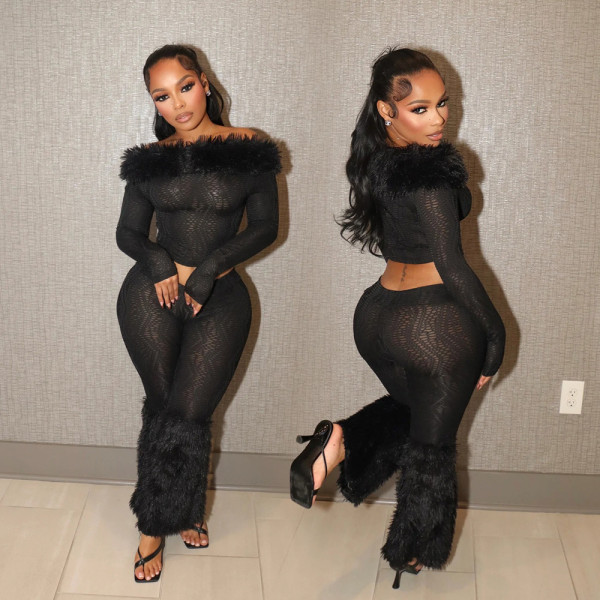 Long sleeved one shoulder top and long pants two-piece set