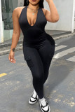 Backless hanging neck V with pocket and hip lifting sports jumpsuit