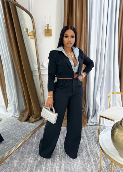 Splicing fake two-piece hooded jacket and two-piece pants set
