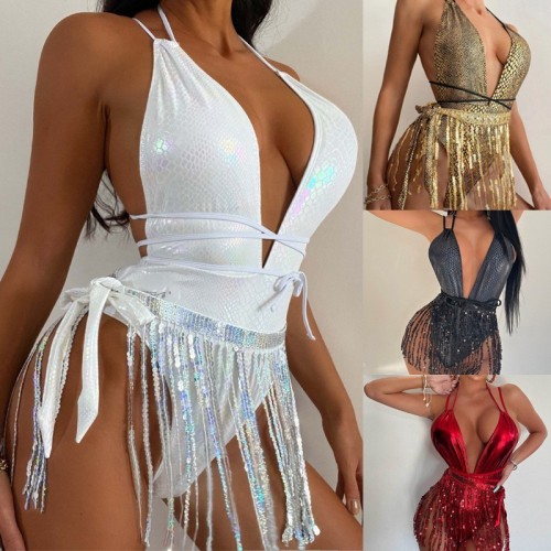 Deep V swimsuit fringe one-piece swimsuit bikini