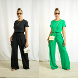 Short sleeved top, loose workwear, wide leg pants set