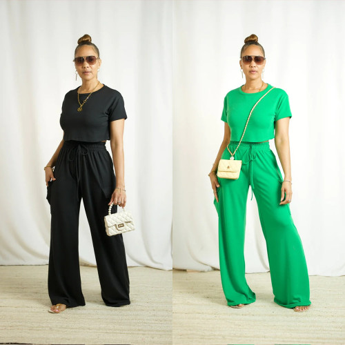 Short sleeved top, loose workwear, wide leg pants set