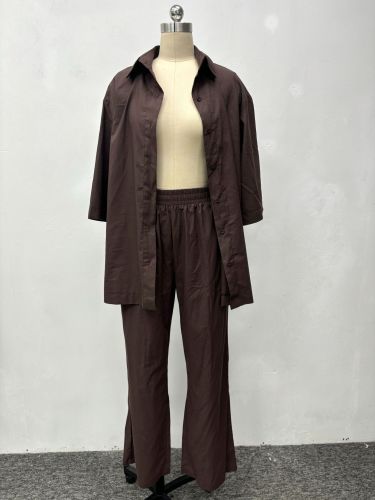 A two-piece shirt with three quarter sleeves, a top, and pants