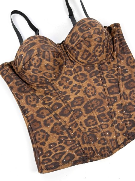 Leopard print suede short vest, camisole, fishbone shaping corset