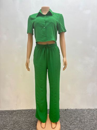 Two piece set of plus size short sleeved shirt and long pants