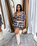 Grid printed zipper short jacket top flower bud short skirt set