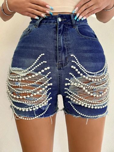 High waisted handmade bead chain ripped shorts