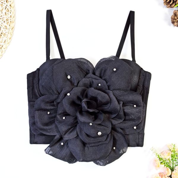 Strapless top, suspender, large flower pearl fishbone corset