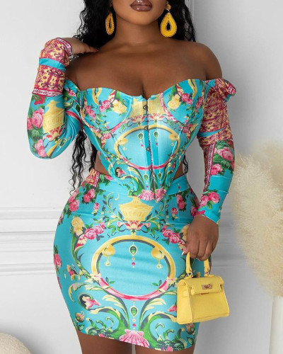 Blue floral print top and skirt set