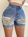 High waisted handmade bead chain ripped shorts