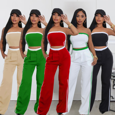 Strapless top paired with wide leg loose pants set