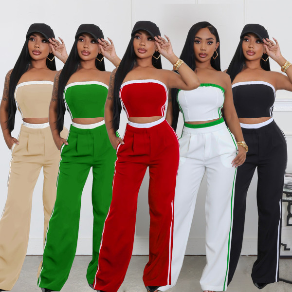 Strapless top paired with wide leg loose pants set