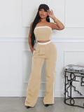 Strapless top paired with wide leg loose pants set