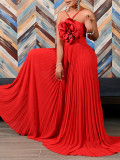 Hanging neck three-dimensional flower solid color wide leg jumpsuit pants