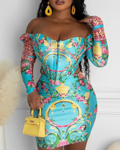 Blue floral print top and skirt set