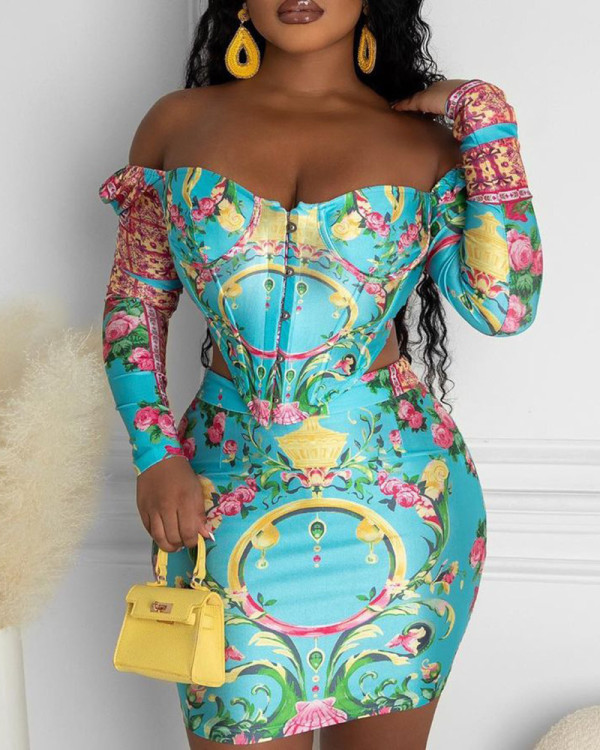 Blue floral print top and skirt set