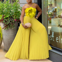 Hanging neck three-dimensional flower solid color wide leg jumpsuit pants