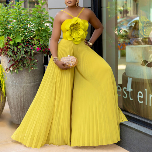 Hanging neck three-dimensional flower solid color wide leg jumpsuit pants