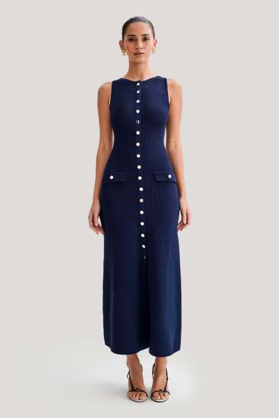 Knitted sleeveless button up dress, long skirt