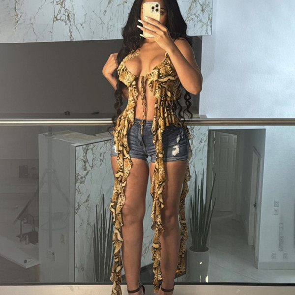 Hanging neck, exposed back, tied straps, mesh vest