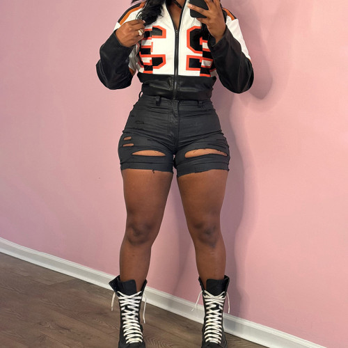 Open navel high neck zipper contrasting PU imitation leather jacket