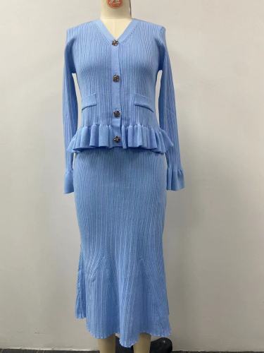 V-neck knitted cardigan half skirt two-piece set