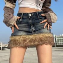 Hairy edge washed denim short skirt