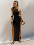 Double sided high slit suspender beautiful back knitted dress