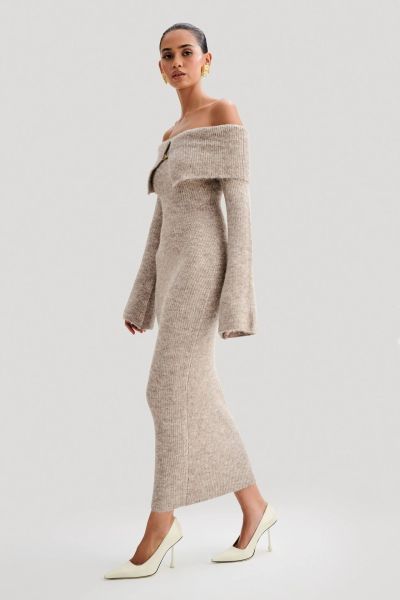 Knitted one shoulder flared sleeve long dress