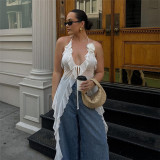 Hanging neck, exposed back, tied straps, mesh vest